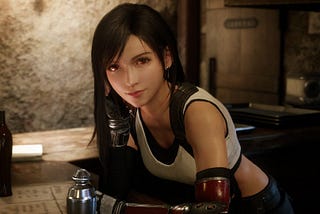 Screenshot of Tifa Lockhart in the Seventh Heaven bar of Midgar, FFVII