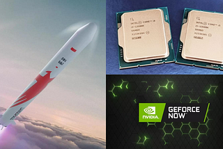 Photo shown are ZQ-2 rocket, Intel Core i9 CPU, and GeForce Now logo.
