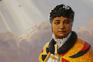 A painting of Hawaiian princess, Princess Bernice Pauahi Bishop, with clouds in the background. More Money, More Problems. Mackenzie Plunkett. Hawaii. Hawaii. Culture. Indigenous. Native.