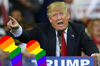 Trump pointing off to the side, where rainbow colored illustrations of people walk out with their heads down