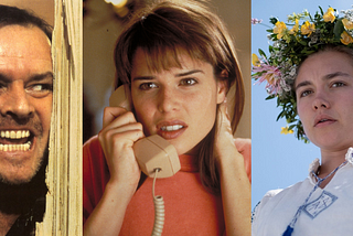 Three movie stills with Jack Nicolson looking through the door in the Shining, Neve Campbell on a phone in Scream, and Florence Pugh wearing a crown of flowers in Midsommar.