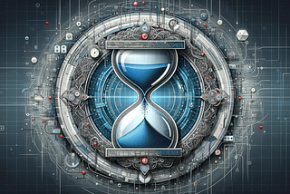 The image visualizes the Timeout Pattern in software architecture, featuring an hourglass or clock interwoven with digital elements, symbolizing the timed nature of timeouts in controlling process durations. Surrounding this are abstract representations of software systems, integrating the timeout concept. The color scheme of blues, grays, and reds highlights control, efficiency, and urgency, set against a technological backdrop.