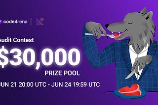 The code4rena and Nibbl logos are displayed along with the contest prize pool of $30,000 and dates of June 21 through June 24. A cartoon wolf wears a suit and eats a steak with a knife and fork.