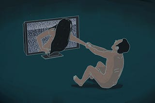 A naked man tries to pull a naked woman out of a screen.