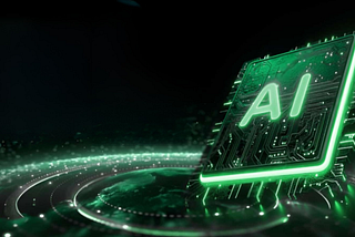 Futuristic glowing AI chip with neon green circuits, representing artificial intelligence, machine learning, and advanced digital innovation.