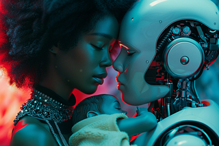 A human and AI bot in an intimate embrace, with a baby between them