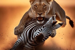 Image of a lioness jumping on the back of a baby zebra she is hunting