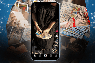 Background: blue with white constellations. Center background: A wheel of tarot images. Foreground: a cell phone showing a video inside of TikTok of a woman from the neck down wearing all black, holding a deck of tarot cards to the camera. Title: Is It Too Late to Start Posting Tarot Content Online? by Gem Blackthorn