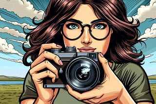 A dark-haired woman with glasses pointing a camera at the viewer.