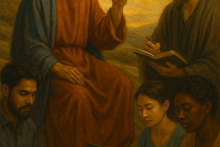 Jesus teaching a diverse group of coders on laptops and tablets in a classical painting style.