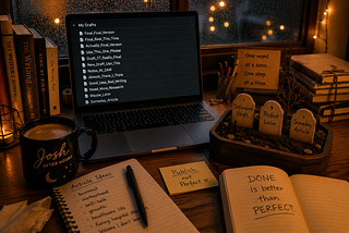 A cozy Josh After Hours writing workspace featuring a laptop filled with unfinished draft titles, a miniature graveyard with tiny tombstones labeled “Unfinished Draft,” “Perfect Later,” and “Someday Article,” surrounded by coffee, notebooks, books, and warm amber lighting. Rain falls outside the window as golden bokeh lights glow in the background, symbolizing creativity, perfectionism, and the courage to finally publish.