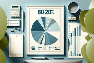 Cover image for a blog post featuring a subtle pie chart illustrating the 80/20 Rule, alongside a minimalist workspace with a computer, notepad, and pen. The workspace is set against a calm background of soft blues, greys, and whites, symbolizing productivity and efficiency.