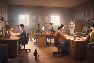 3d render pixar animation of a group of people working together on a project some members of the group in an office setting and others working remotely, the different types of freelancers mentioned such as video producers copywriters social media managers and software developers, clear communication and collaboration between the freelancers and the company, with tools such as project management software or video conferencing shown in the image, the idea of a successful and respectful partnership