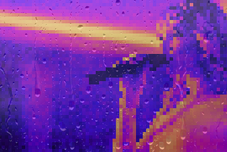A pixelated female singer bathed in neon is seen through a rainy windowpane.