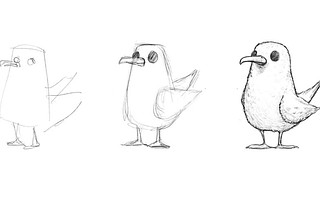 A drawing of a bird made in 1 second, 1 minute and 10 minutes.