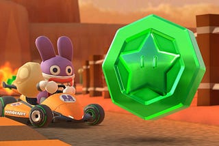 Nabbit driving toward an event token in Mario Kart Tour.