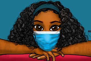 A digital painting of a girl resting on a cushion, wearing a nosemask.