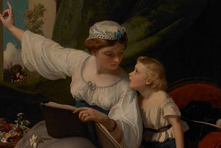 James Sant, The Fairy Tale, 1845. The painting depicts a mother with a book in her hand, telling a story to her child.