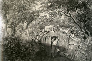 A drawing of an old man emerging from a dwelling shrouded in forest and overgrowth.