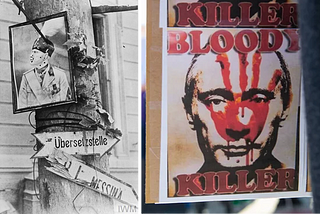 A defaced portrait of Mussolini hangs from a tree near Messina following the liberation of Sicily in August 1943 / A defaced portrait of Mussolini at a protest in Santa Monica, California, in February 2022.