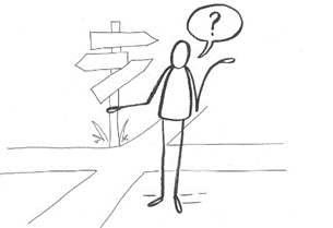 A line drawing of a person at a crossroads, wondering what is next with a question mark above their head.