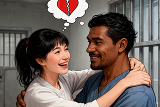 A woman choosing to give a hug to a prisoner despite the fact she a wounded heart in a thought bubble above her head.