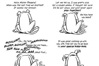 Mister Peepers Big Day Out, page 1 of 5 page comic by E.R. Flynn. A comic about my weird dog, Zeke.