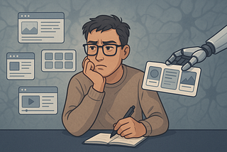 A designer sits at a desk, deep in thought, with a pen in hand and a notebook open. Around them float various translucent UI elements like web layouts and video players. A robotic hand hovers over their shoulder, offering a pre-made design block. The background is softly blurred with neural patterns subtly embedded, symbolizing cognitive complexity and internal conflict.