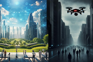 AI generated image depicting two scenes: one hopeful with bright sunshine and enabled by technology, one negative with a drone hovering over a dark, rainy dark scene — controlled by technology
