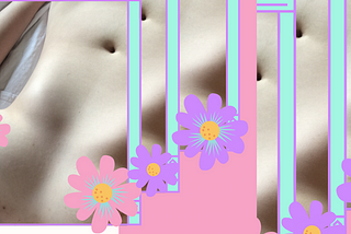 A photo of a woman's body (with her nipple covered in pink and purple flowers) open in many internet windows.