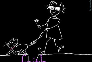 Illustration of Gigi the giggle girl with eyes covered, a cat guides her to walk through a gap with faith.