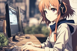 An Anime character coding in his desktop