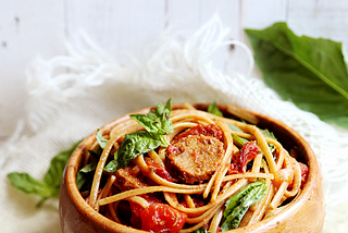 Sundried Tomato Basil Pasta with Vegan Sausage