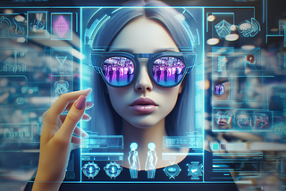 Digital artwork for ‘Eyewear Retail’s Digital Frontier: AR and 3D Integration’ showcasing a woman wearing futuristic AR glasses, with holographic interfaces and digital elements floating around her. The eyewear reflects a vibrant cityscape while various abstract symbols and icons related to technology, connectivity, and eyewear fashion appear translucently in the foreground. The image conveys a sense of advanced technology integrated into the retail experience of Designhubz.