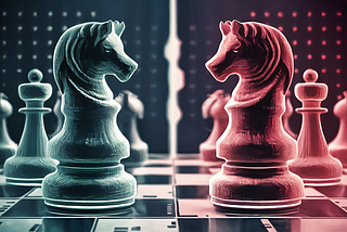 An image depicting two chess pieces, one representing the United States and the other China, engaged in a strategic game on a digital chessboard, symbolizing the AI Cold War