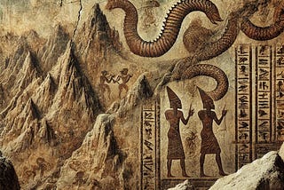 A cave painting. It depicts mountains, ancient people and a great serpent bestriding the world.