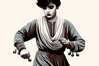 The image depicts a young Afghan boy clad in traditional attire, wearing makeup and little bells on his wrist. This represents the horrible tradition called “Bacha Bazi,” which the article discusses.
