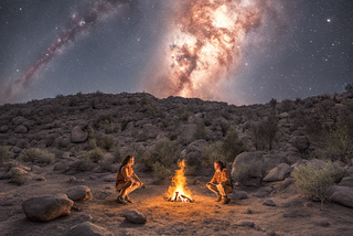 Early Humans sitting around a Fire looking to the heavens!