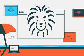 A lovely beach scene with a Cannes Lion surrounded by tech graphics