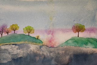 Painting of a dreamy landscape with a bit of a menacing overtone. Features colorful trees, soft skies, and a tiny figure of a girl looking out over a chasm.