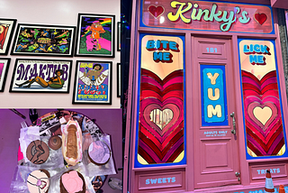 A picture of Kinky’s Dessert Bar’s door, wall decor, and some of there desserts