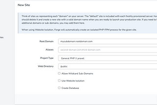 Form to create a New Site on Laravel Forge.