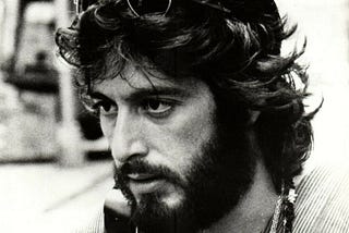 black & white photo of actor Al Pacino playing Frank Serpico