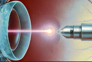 ChatGPT’s poor attempt to visually explain YAG surgery looked like a small rocket firing a laser weapon into a large circular docking station. Modified in ProCreate by me.