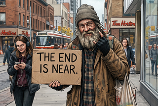 A drawing of an old street person carrying a sign “The end is near.” AI generated writing.