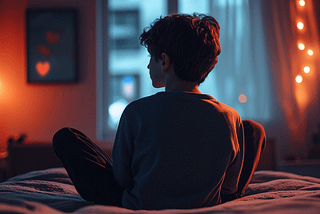 Adolescent sitting on his bed in dim light