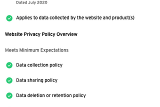 A screen capture of the HumanFirst security and data practices security label. This label shows a link to relevant website and product privacy policies, and check marks indicating that the privacy policy provides key details.