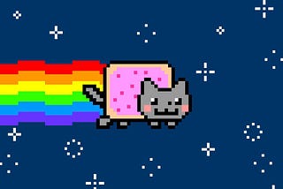 Digital image of a pixelated cat with a pop tart for a body and a rainbow coming out of its butt, flying through a dark blue starry sky