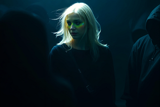 The image shows a digitally created woman with pale blonde hair standing in a dark, shadowy environment. She is illuminated by a soft light, making her stand out as a unique entity among the crowd. The figures around her are wearing dark hooded clothing, blending into the shadows, which enhances the sense that she is distinct and special. This scene symbolizes the idea that every one of us is unique and special in the vast universe.