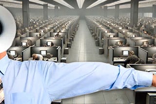 A manager in a blue dress shirt yells into a megaphone and points while hundreds of unhappy workers toil in office cubicles.